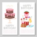 Happy Birthday banners set vector illustration. Greeting card template. Celebration happy birthday cake with candles Royalty Free Stock Photo