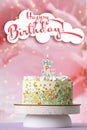 Happy Birthday! Beautiful cake with burning candle on violet table Royalty Free Stock Photo