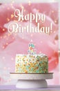 Happy Birthday! Beautiful cake with burning candle on violet table Royalty Free Stock Photo