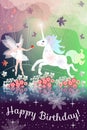 Happy Birthday. Beautiful greeting card with fairy girl and unicorn in magic forest Royalty Free Stock Photo