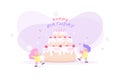 Happy Birthday with big cake, celebrate and party of children