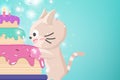 Happy Birthday with big cake greeting card, cute kitten celebration party, confetti and star glitter falling, adorable cat cartoon Royalty Free Stock Photo