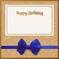 Happy Birthday. Birth Greeting card. Beige background. Adorned with a blue bow with a ribbon.