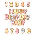 Happy birthday. Biscuit cartoon hand drawn letters and numbers. Cute design for kids in pastel colors. For greeting