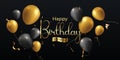 Happy birthday black and gold background with realistic 3d balloons and ribbon
