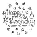 Happy Birthday. Black and white handdrawn line doodle print for a balloon or t-shirt. Hearts, cake, stars and flowers for girls