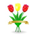 Happy Birthday. A bouquet of three red and yellow tulips with a golden ribbon and a birthday greeting. Royalty Free Stock Photo