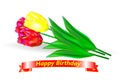 Happy Birthday. A bouquet of three red and yellow tulips with a red ribbon and a birthday greeting. Royalty Free Stock Photo