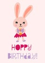 Happy birthday bunny cute vector illustration for kids birthday card. Hoppy birthday with rabbit holding a cupcake with