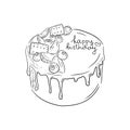 Happy birthday cake with blueberry, cookies, strawberry, and chocolate glaze in black. Hand drawn vector sketch illustration in Royalty Free Stock Photo