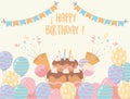 Happy birthday cake with candles balloons candies confetti party decoration Royalty Free Stock Photo