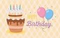 Happy birthday, cake candles balloons celebration checkered background Royalty Free Stock Photo