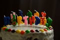 Happy birthday cake with candles on black background Royalty Free Stock Photo