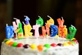 Happy birthday cake with candles on black background Royalty Free Stock Photo