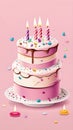 Happy birthday cake with candles and confetti on a pink background illustration Artificial intelligence artwork generated Royalty Free Stock Photo