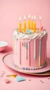 Happy birthday cake with candles and confetti on a pink background illustration Artificial intelligence artwork generated Royalty Free Stock Photo