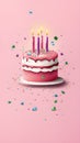 Happy birthday cake with candles and confetti on a pink background illustration Artificial intelligence artwork generated Royalty Free Stock Photo