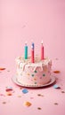 Happy birthday cake with candles and confetti on a pink background illustration Artificial intelligence artwork generated Royalty Free Stock Photo