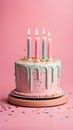 Happy birthday cake with candles and confetti on a pink background illustration Artificial intelligence artwork generated Royalty Free Stock Photo