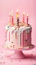 Happy birthday cake with candles and confetti on a pink background illustration Artificial intelligence artwork generated Royalty Free Stock Photo