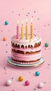 Happy birthday cake with candles and confetti on a pink background illustration Artificial intelligence artwork generated Royalty Free Stock Photo