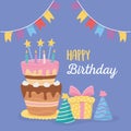 Happy birthday, cake candles party hats gift box and pennants celebration Royalty Free Stock Photo