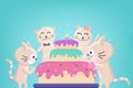 Happy Birthday cake, cute kitten family celebration, confetti falling for party, adorable animal, cat cartoon characters Royalty Free Stock Photo