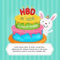 Happy Birthday Cake with Cute rabbit Character Illustration. Greeting Card Template