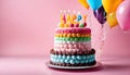 Happy Birthday cake with lit candles surrounded by orange and white balloons. Ai