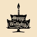 Happy Birthday cake with one candle. Vector hand lettering typography poster on festive pie silhouette. Greeting card.