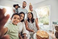Happy birthday cake, selfie and big family celebration in home with portrait smile for memory or social media post Royalty Free Stock Photo