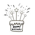 Happy Birthday. Birthday cake. Vector illustration in doodle style. Birthday card design. Cake with candles Royalty Free Stock Photo