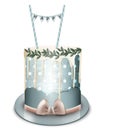 Happy birthday cake Vector realistic. White chocolate frosting. Anniversary, wedding modern desserts