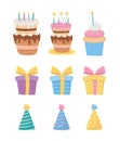 Happy birthday, cakes with candles cupcake gift boxes party hats decoration celebration icons