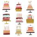 Happy Birthday cakes collection. Festive sweet tasty dessert in a cute simple style. Vector illustration Royalty Free Stock Photo