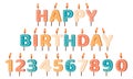 Happy Birthday candles. Birthday Party letters and numbers wax candles, anniversary holiday cute birthday cake candles Royalty Free Stock Photo