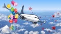 Happy birthday card airplane flying in the sky with balloons above the clouds
