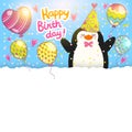 Happy Birthday card background with cute penguin. Royalty Free Stock Photo
