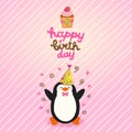 Happy Birthday card background with cute penguin. Royalty Free Stock Photo