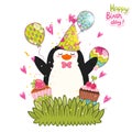 Happy Birthday card background with cute penguin. Royalty Free Stock Photo