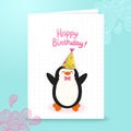 Happy Birthday card background with cute penguin. Royalty Free Stock Photo