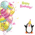 Happy Birthday card background with cute penguin. Royalty Free Stock Photo