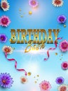 Happy Birthday card or banner with colorful flowers and typography gold letter on blue. You can place your own text on the bottom Royalty Free Stock Photo