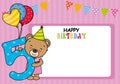 Happy birthday card. Bear with balloons and the number five.