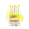 Happy birthday card with cake and candles. cute wishes card. vector illustration Royalty Free Stock Photo