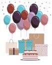 Happy birthday card with cake, gifts and balloons Isolated on White Background Royalty Free Stock Photo