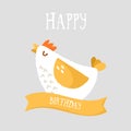 Happy birthday card with cartoon chicken and ribbon. Flat design. Vector Royalty Free Stock Photo