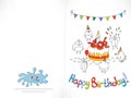 Happy birthday card. Cartoon funny bird on a string. Royalty Free Stock Photo