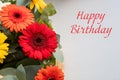 Happy birthday floral card with colorful gerbera daisies bouquet.Birthday message card with colorful gerberas. Royalty Free Stock Photo