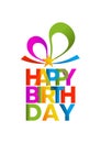 Happy birthday card. Colorful gift shaped template design with ribbons and star. Flat style. Vector illustration